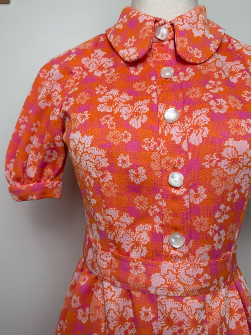 True Vintage Orange Pink White Floral Puff Sleeve Collar Mini Dress Small - Picture 6 of 10